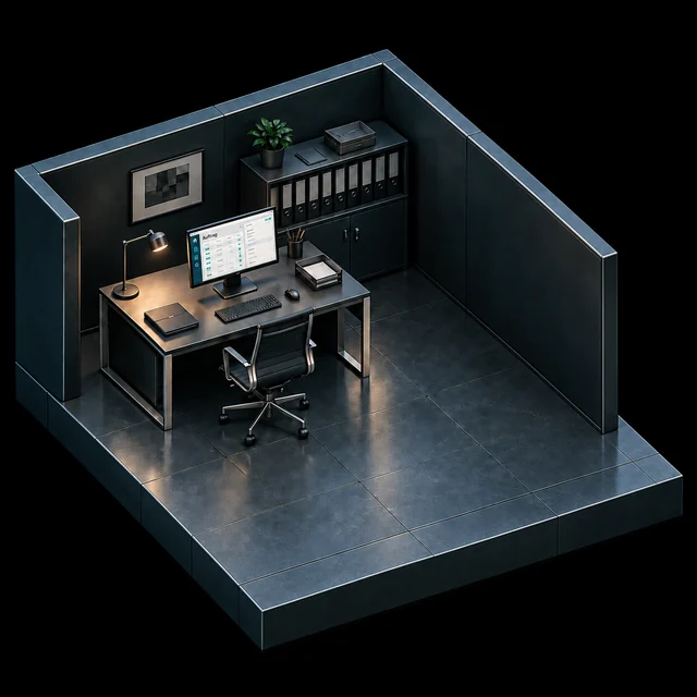 Büro mit Schreibtisch, digitaler Dokumentenablage am Monitor, Papierablage und Aktenschrank.